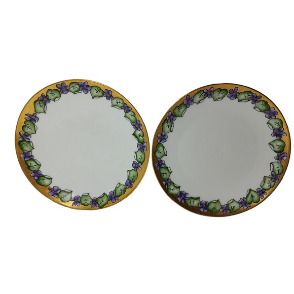 Antique PT Tirschenreuth Dessert Plates Bavaria Violet Gold Trim Signed Set Two‎ - Picture 1 of 11